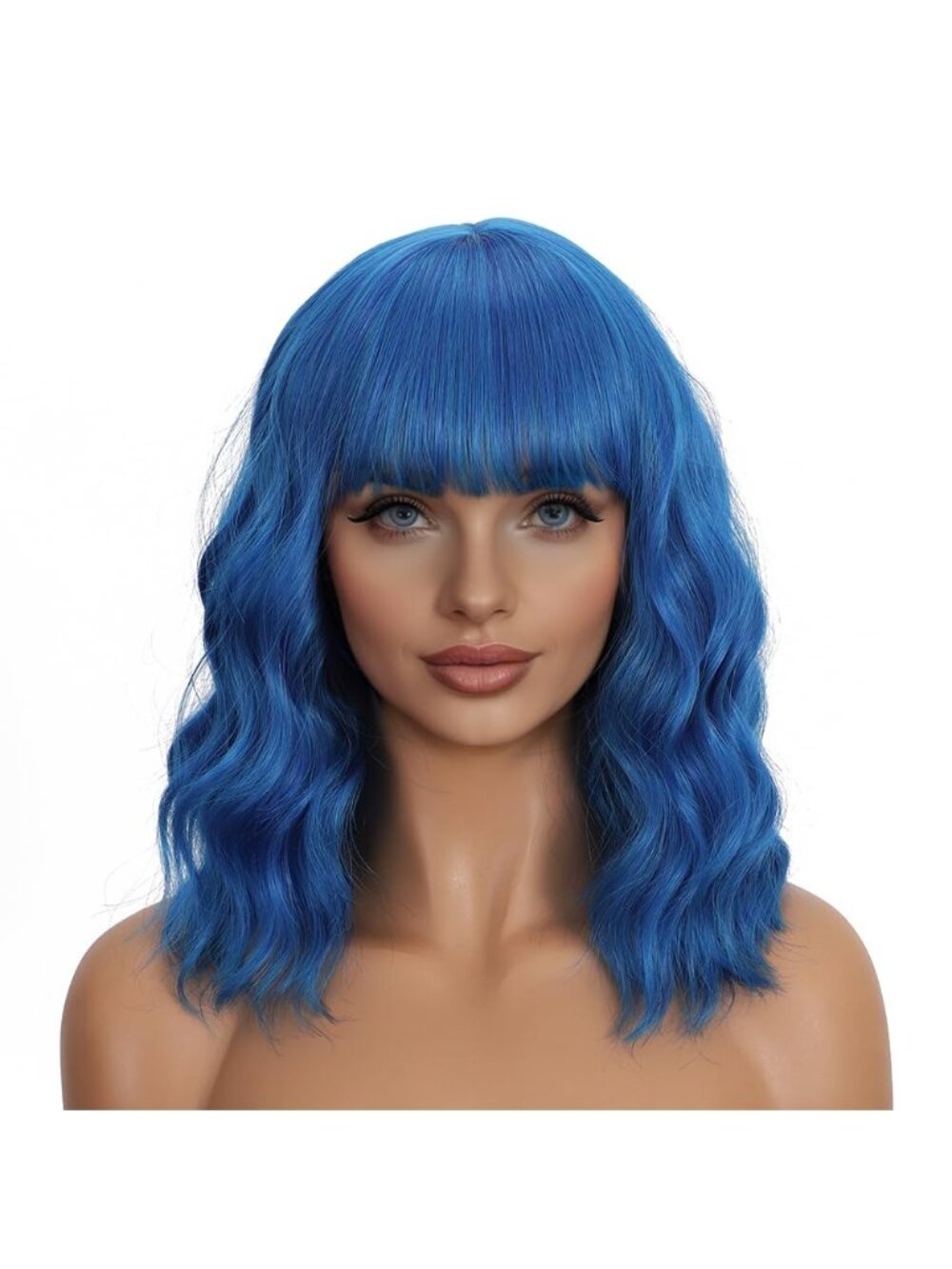 Women's Dark Blue 14 Inch Heat Resistant Synthetic Short Wavy Bob Wigs Bangs